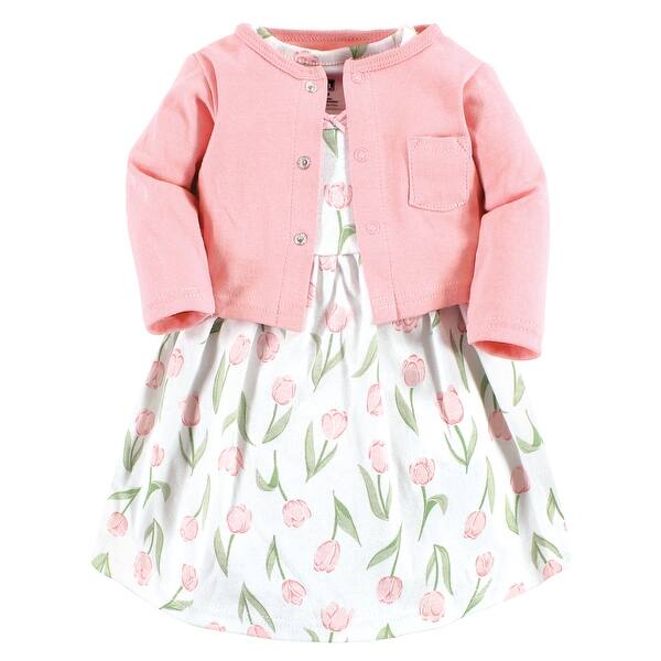 slide 1 of 1, Hudson Baby Infant and Baby Girl Cotton Dress and Cardigan Set, Pink Tulips 0-3 Months - Pink Tulips