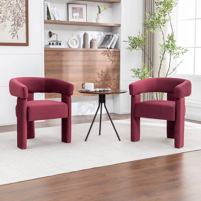 SEYNAR Modern Velvet Accent Chair Set of 2, Upholstered Barrel Armchair with Curved Back and Thickened Padded Seat - Red
