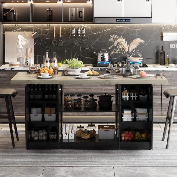 Double-Sided Kitchen Island Abundant Storage Breakfast Bar Table