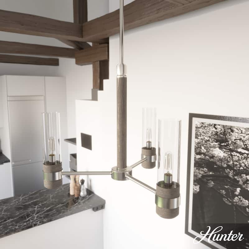 Hunter River Mill Chandelier - Dining Room, Entry - Modern Mountain, Rustic, Round, Industrial - 21" 3 Light - Brushed Nickel-Grey Wood