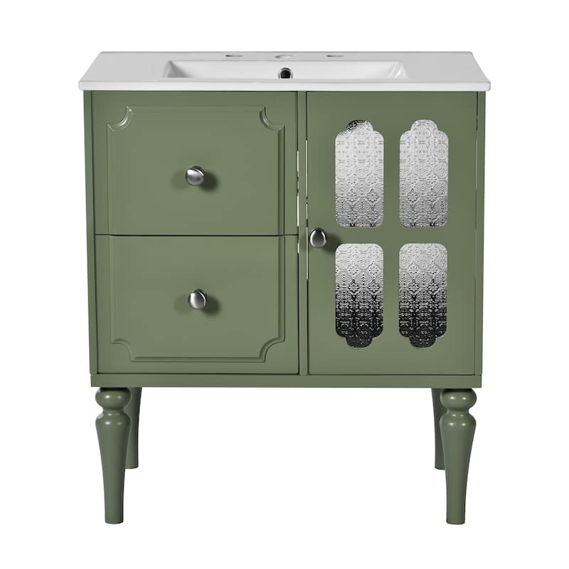 Bathroom Vanity with Ceramic Sink, Single Vanity with Tip-Out Drawer, Storage Cabinet with Glass Doors and Drawers