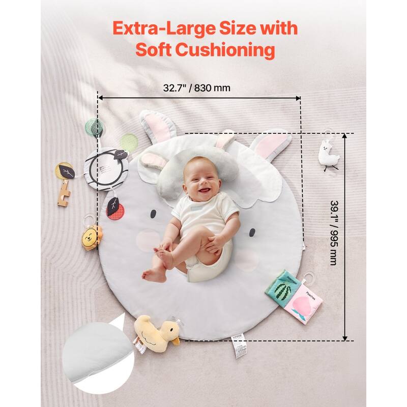 Grey Multi-Functional Soft Plush Fabric Baby Play Mat with Tummy Time Pillow and 5 Sensory Toys - 39.1” x 32.7” x 21.7”