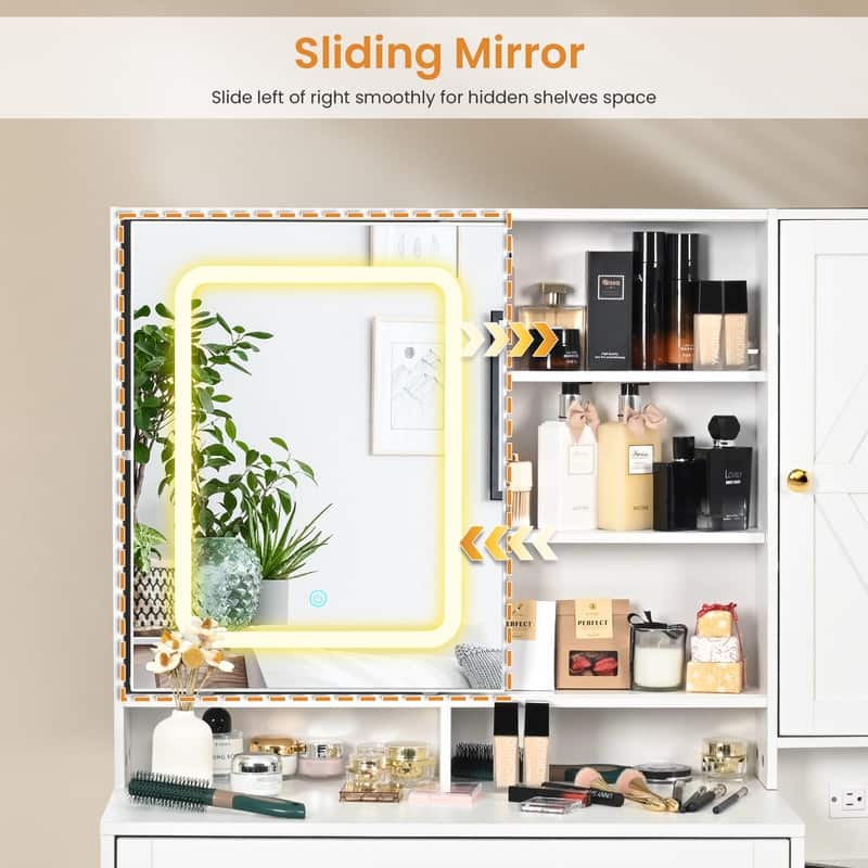 Modern White 3-Drawer Vanity Set with Sliding LED Mirror, Charging Station & 3-Color Lighting