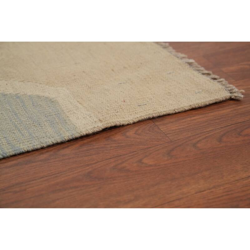 Hand Woven Oriental 100% Wool Carpet Southwestern Modern Beige & Ivories Kilim Area Rug - 9' 9'' X 6' 6''