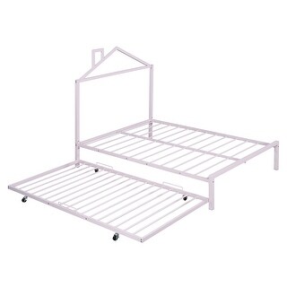 Full Metal Platform Bed with Trundle & House-Shaped Headboard, Pink