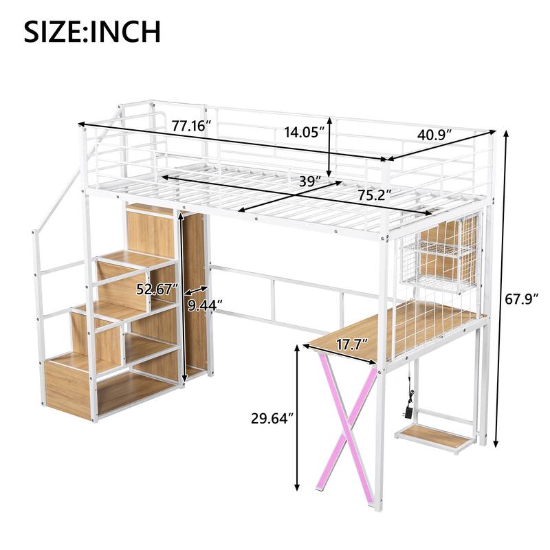 Metal Loft Bed with Built-in Work Station, Wardrobe, Storage Staircase and LED
