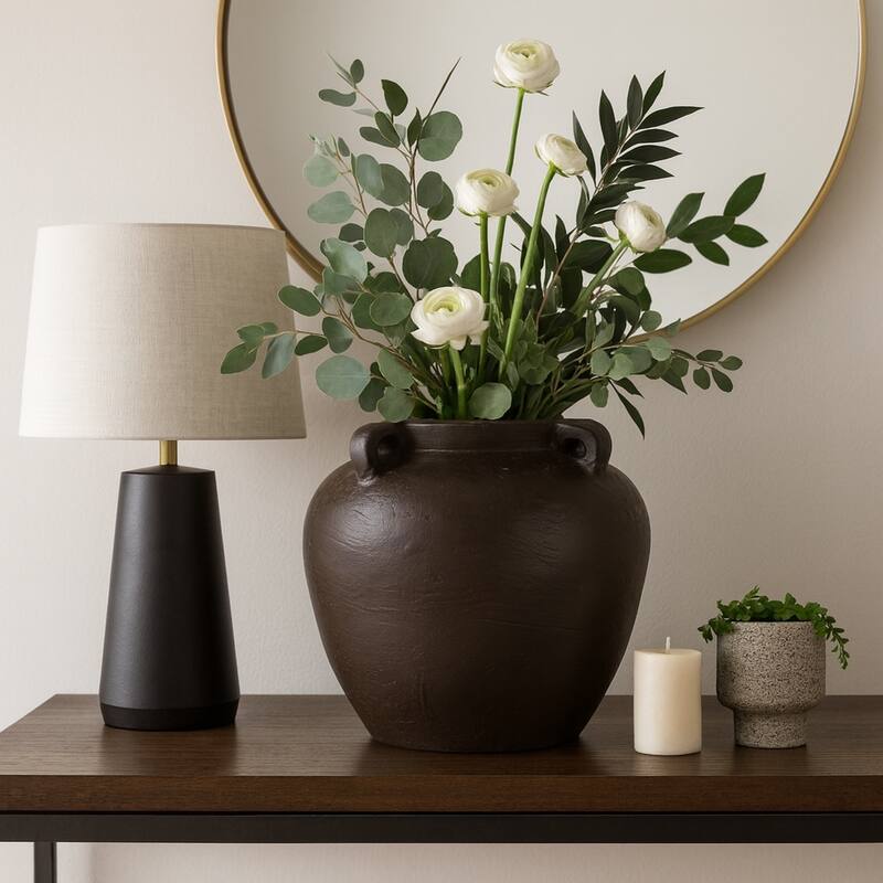 Rustic Heritage Table Vase with Textured Finish and Handles - Brown