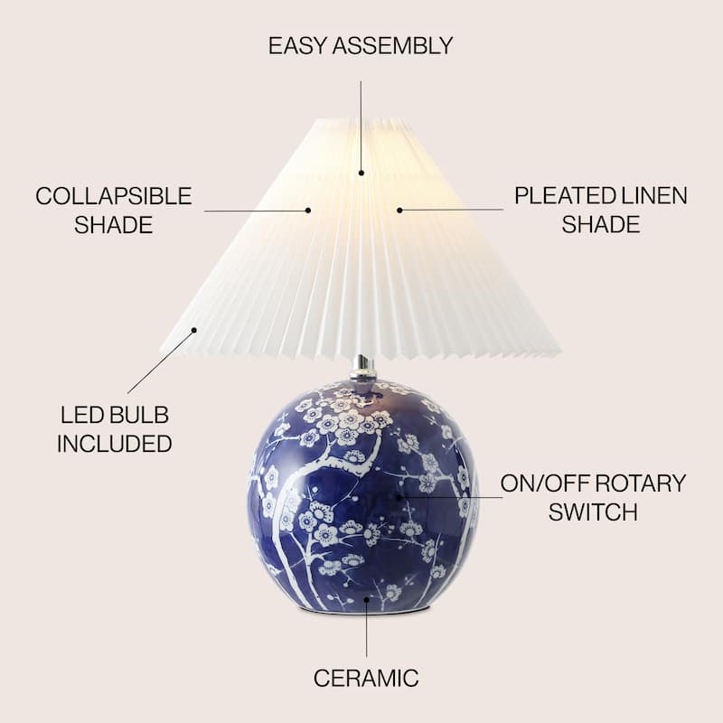 Alessio 19.5" Cottage Classic Chinoiserie Ceramic Orb LED Table Lamp with Pleated Shade, by JONATHAN Y