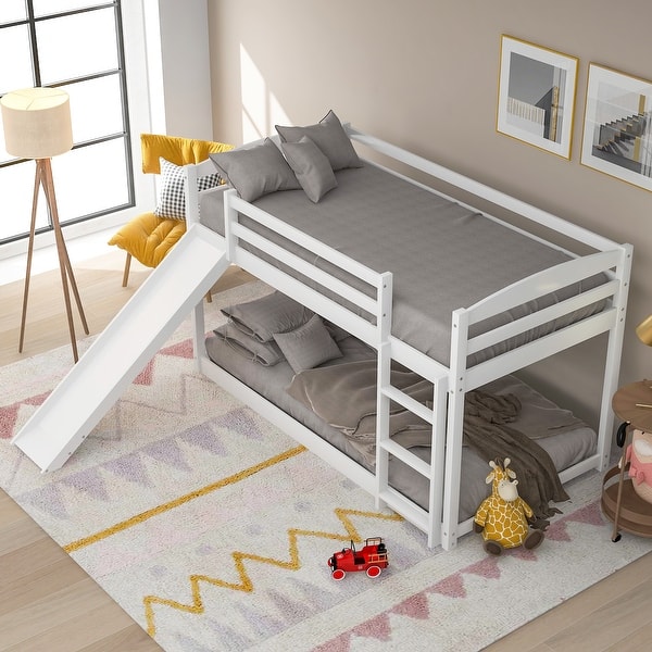 slide 2 of 30, Twin Over Twin Bunk Kids Bed Frame with Convertible Slide and Ladder, White