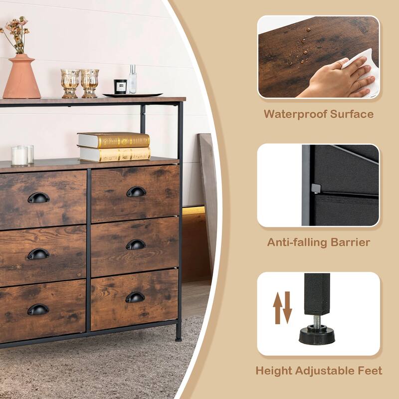 Costway 6-Drawer Dresser 2-Tier Fabric Storage Tower with wooden Top