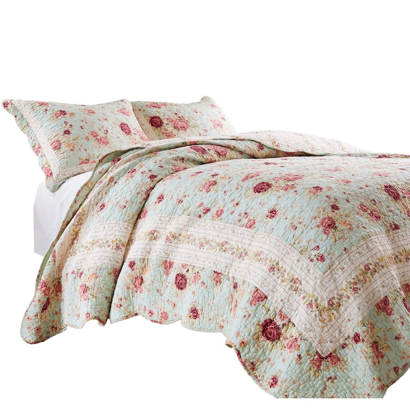 Rosle 2pc Twin Quilt and Pillow Sham Set, Scallop Edges, Floral Blue Cotton - Blue, Multicolor - Twin - 2 Piece