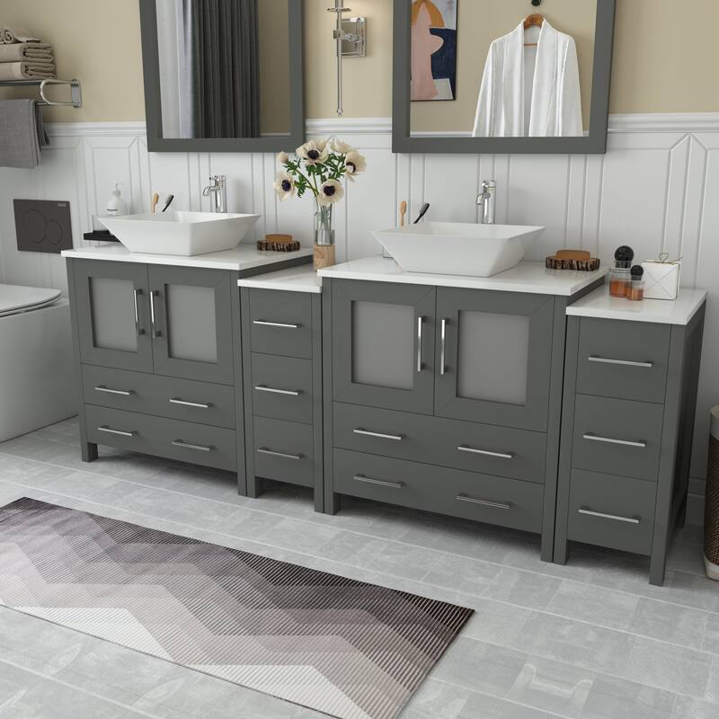 Vanity Art 84-inch Double Sink Bathroom Vanity Set with Engineered Marble Top and Free Mirror - 84 x 18.5 x 36 Inches