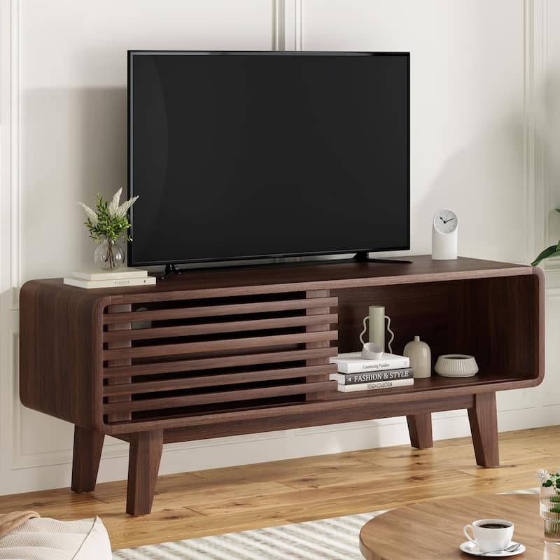 Mid-Century Modern TV Stand for TV Up to 59" with Sliding Slatted Door - Walnut