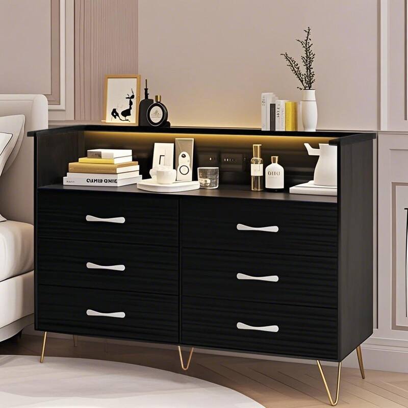 6-Drawer Dresser for Bedroom with LED Lights & Charging Station, Wood Storage Chest with Steel Frame - Black