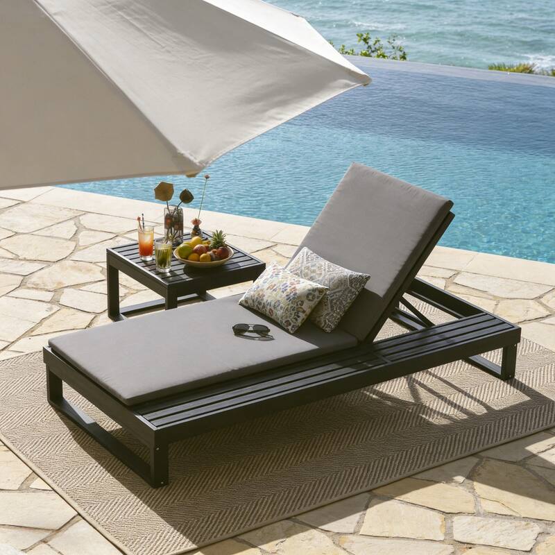 Christopher Knight Home - Modern Outdoor Acacia Wood Chaise Lounge with 4-Position Adjustable Backrest & 2-Fold Cushion