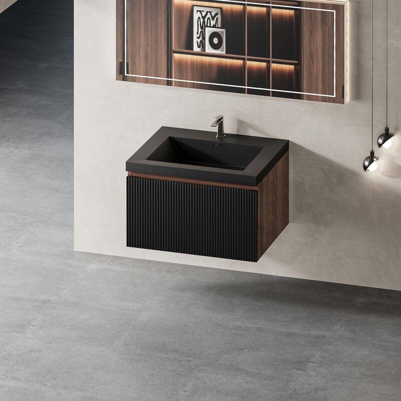 GDFStudio - Carson 24-Inch Floating Bathroom Vanity with Quartz Sand Basin and Fluted Storage Drawer