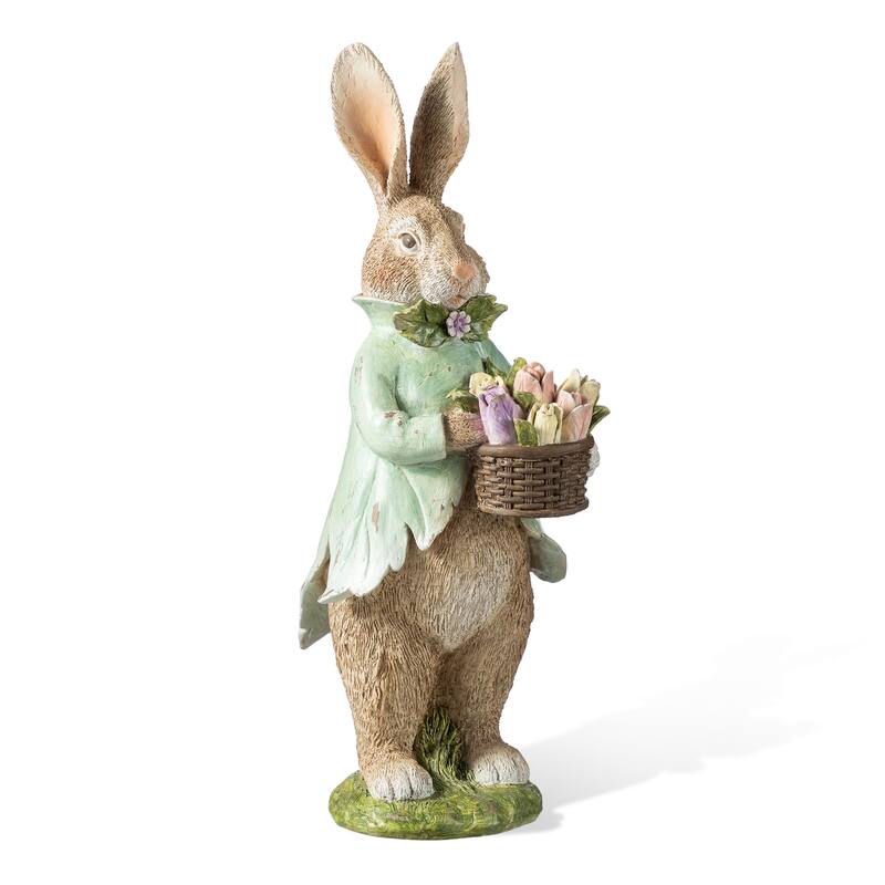 Glitzhome Easter Resin Bunny Boy Girl Table Decor with Flower Rabbit Figurine Ornaments