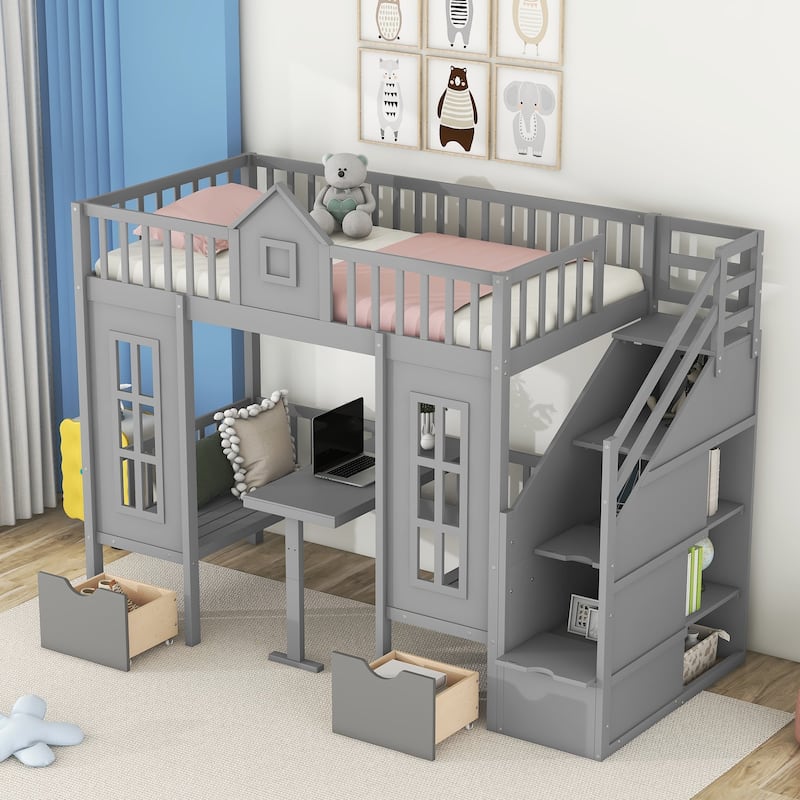Full Size Wooden Loft Bunk Bed with Table, Seats, and Storage Shelves