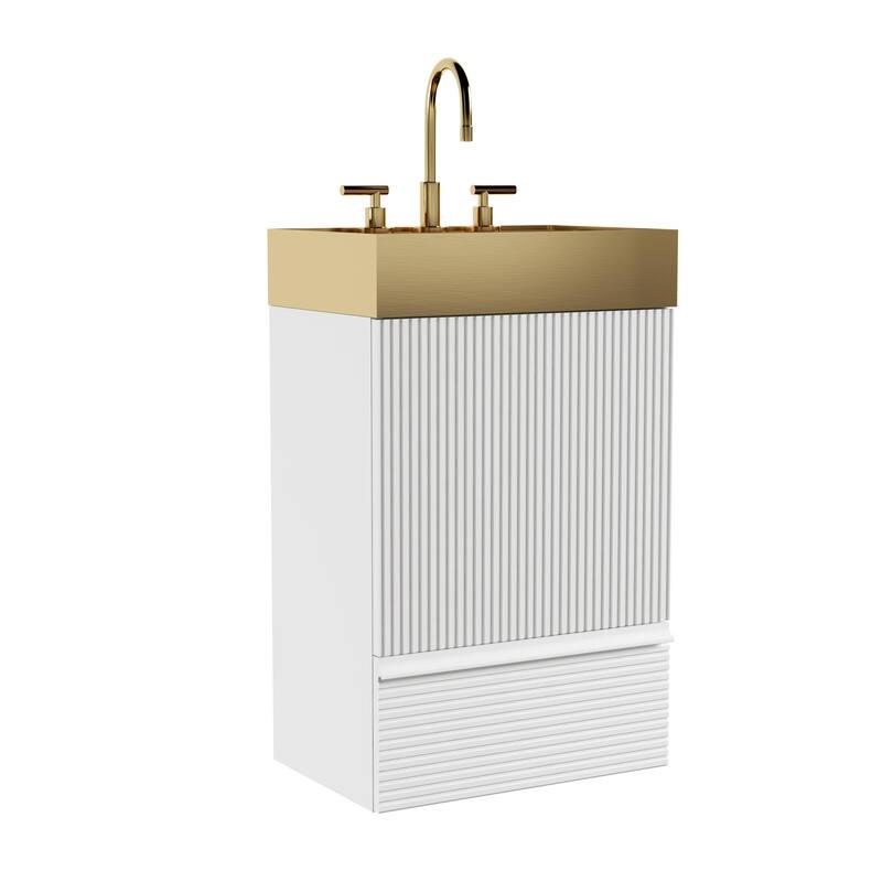 20" Striped Bathroom Vanity with Integrated Brushed Gold Metal Vessel Bathroom Sink, Freestanding Bathroom Cabinet