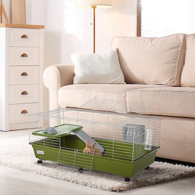 Small Pet Cage with Wheels, Deep Base, Ramp, Platform and Feeder - 46.75" L x 23.25" W x 19.75" H
