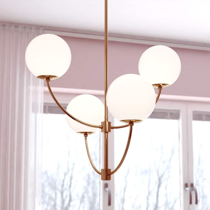 Avers 4 Light LED Compatible Gold Brass Mid-Century Modern Chandelier White Globe Glass - 26-in W x 27.25-in H x 26-in D - Natural Brass - 26-in W x 27.25-in H x 26-in D