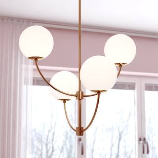 Avers 4 Light LED Compatible Gold Brass Mid-Century Modern Chandelier White Globe Glass - 26-in W x 27.25-in H x 26-in D