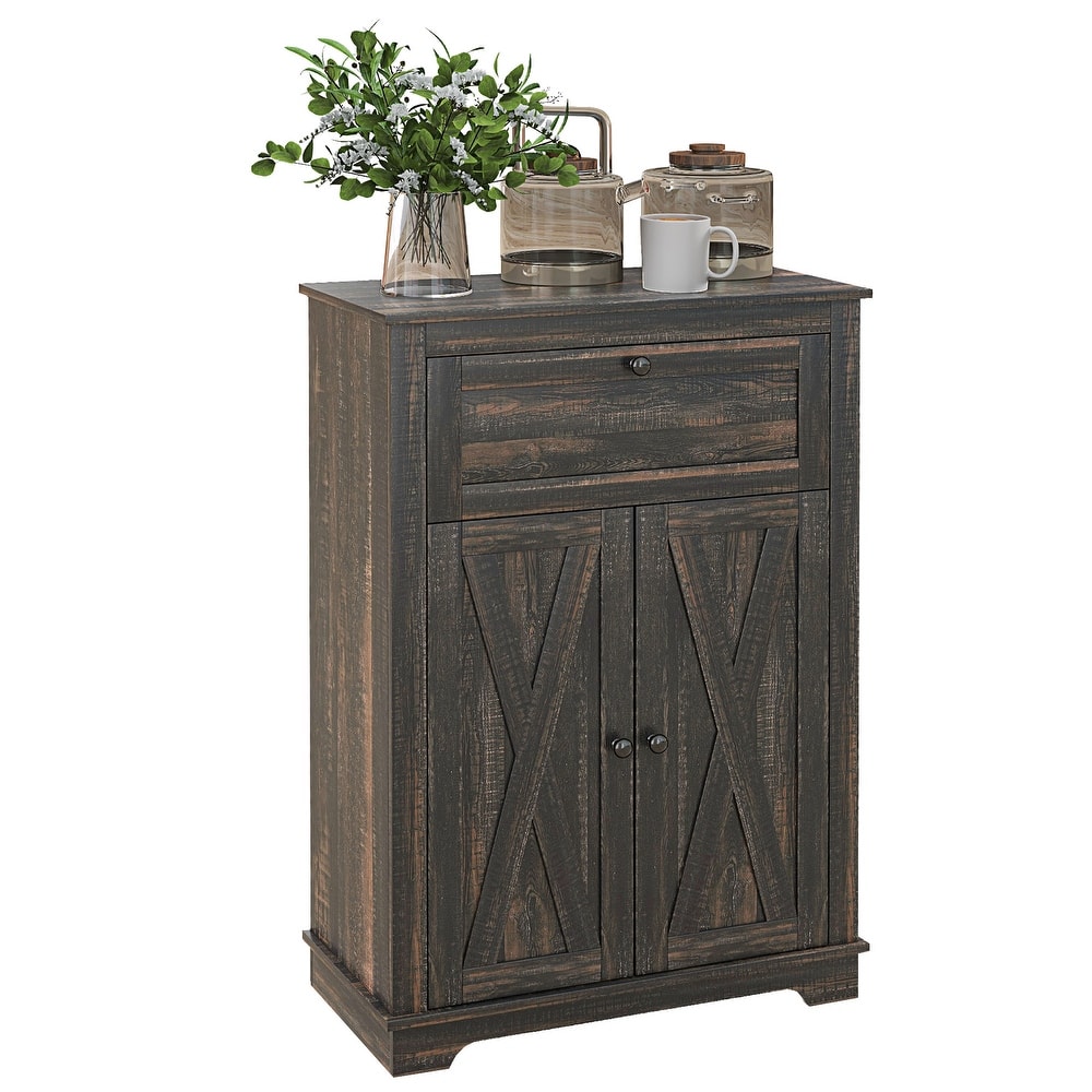 Farmhouse Barn Door Accent Cabinet, Kitchen Sideboard Storage Cabinet with Double Doors, Drawer, and Adjustable Shelf