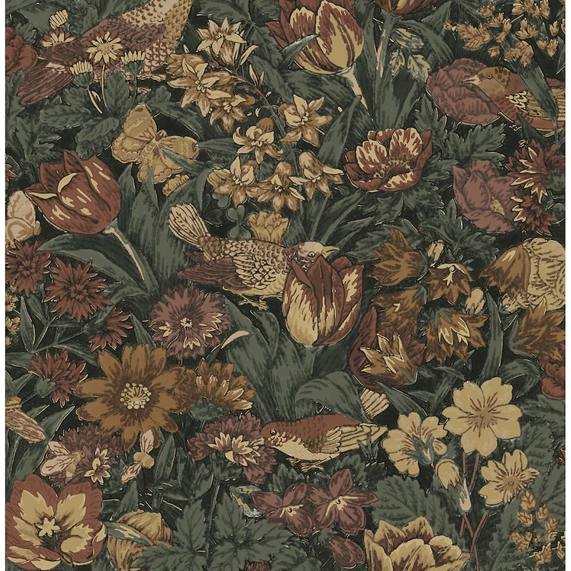 Seabrook Designs Bird Floral Prepasted Wallpaper - 20.5 in. W x 33 ft. L - 20.5 in. W x 33 ft. L - Mahogany & Graphite