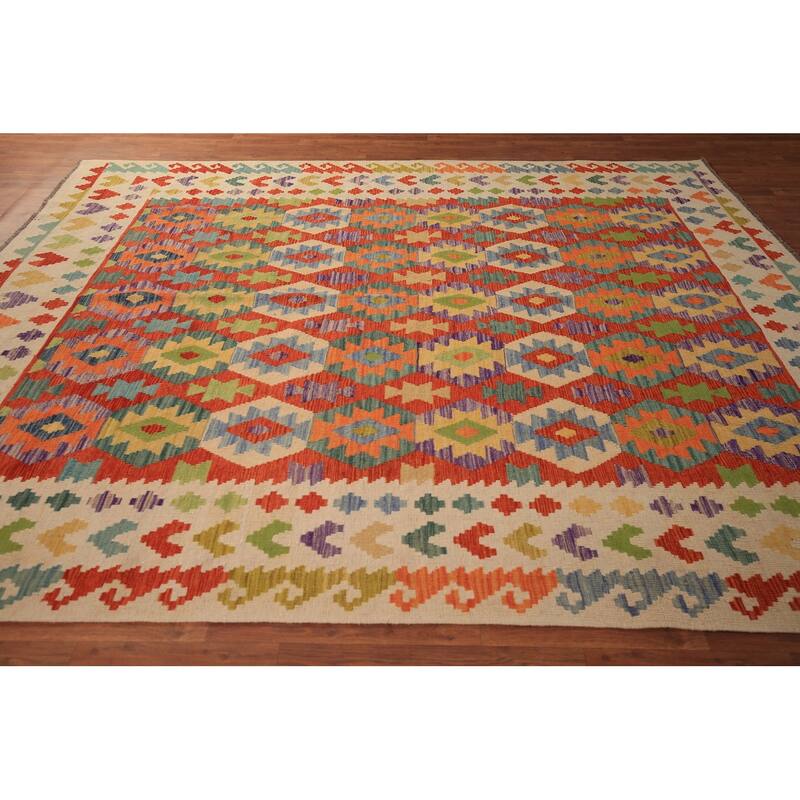 Reversible Kilim Area Rug Hand-Woven Oriental Orange Wool Carpet - 8'4" x 9'9"