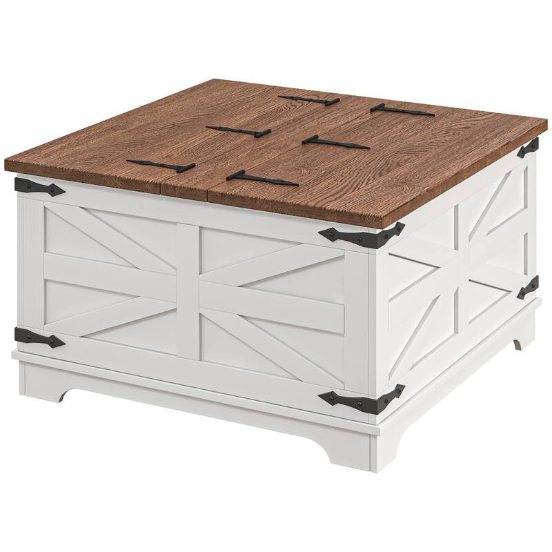 HOMCOM Farmhouse Coffee Table with Storage, Center Table with Hinged Lift Top and Hidden Space, Square Coffee Table