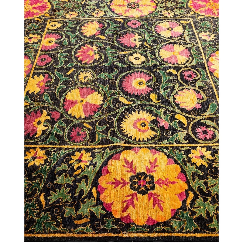 Overton Hand Knotted Wool Vintage Inspired Modern Contemporary Suzani Black Area Rug - 6' 1" x 6' 3"
