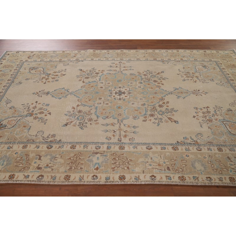 Vintage Geometric Distressed Tabriz Persian Rug Handmade Wool Carpet - 6'3" x 9'9"