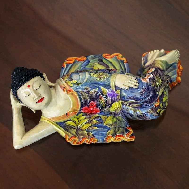Novica Handmade Sleeping Balinese Buddha Wood Sculpture