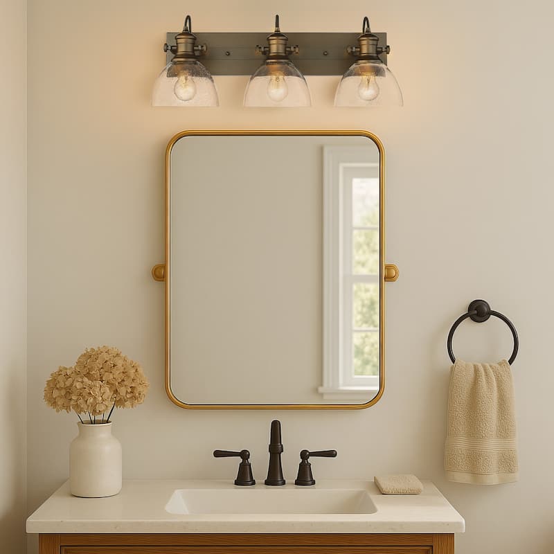 Yep by Golden Lighting Hines 3-light Vanity in Rubbed Bronze and Seeded Glass