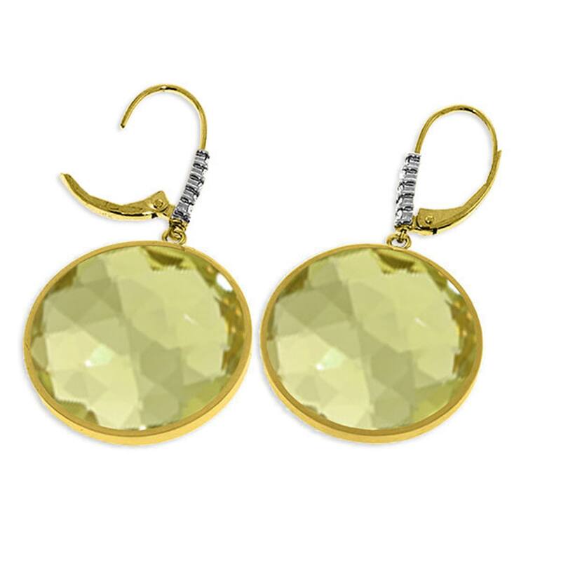 14K Solid Gold Diamonds Earrings w/ Checkerboard Cut Lemon Quartz