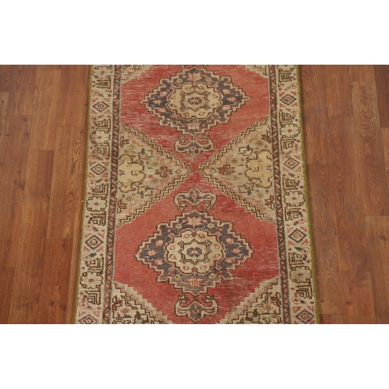 Geometric Tabriz Persian Vintage Runner Rug Handmade Wool Carpet - 2'4"x 8'6"