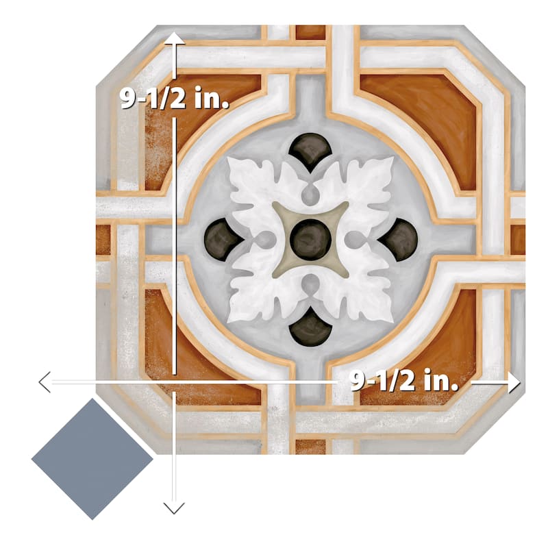 Merola Tile Vaudeville Octagon Deco Zimer with Taco Azzuro 7-7/8" x 7-7/8" Porcelain Floor and Wall Tile