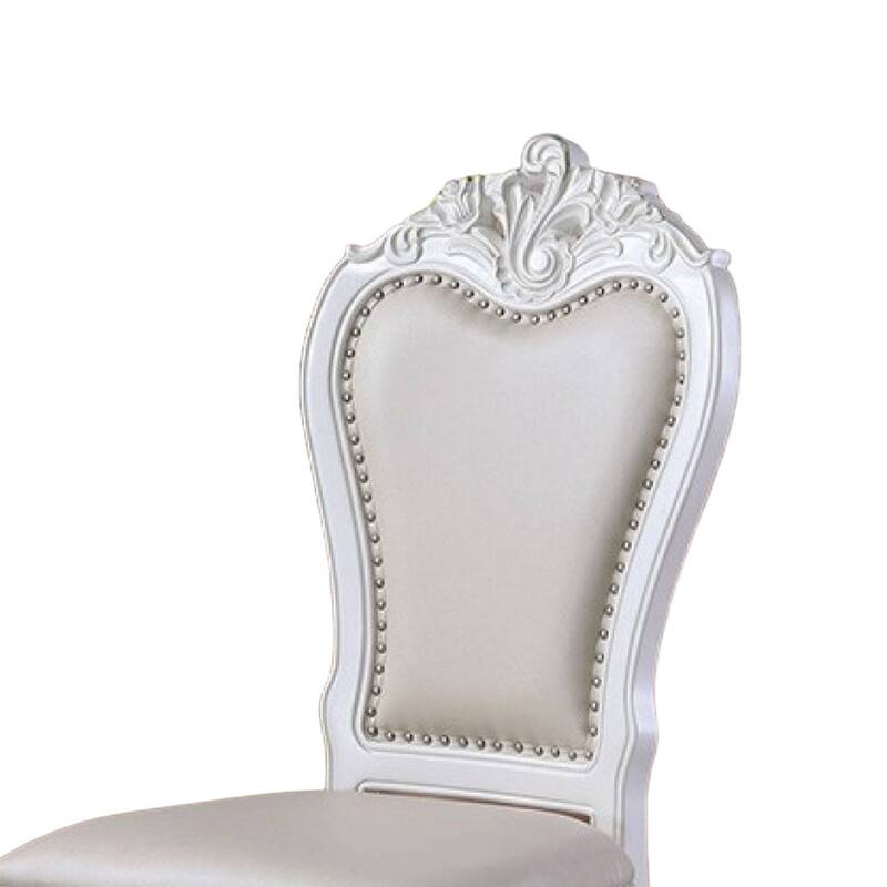 Zenie Dining Side Chair Set of 2, Carved Cabriole, Faux Leather, White Wood