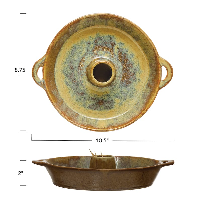 Stoneware Dish with Toothpick Holder, Reactive Glaze, Brown (Each One Will Vary)