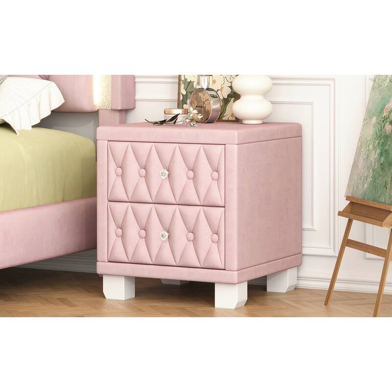 Elegant Velvet 2-Drawer Nightstand with Crystal Handles - Button-Tufted Storage Bedside Table (Pink)