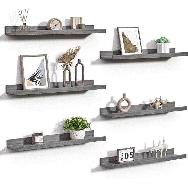 Decor Storage Set of 6 Floating Shelves for Wall, Wall Shelves - 23.6"D x 5.1"W x 1.7"H - Grey