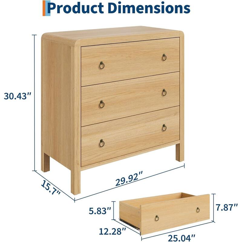 Modern 3 Drawer Dresser with Large Drawers for Bedroom, Living Room