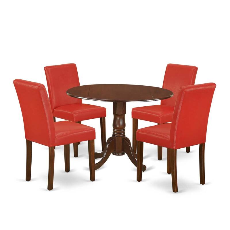 5 Piece Dinette Set for 4 - Round Table with Dropleaf & 4 Parson Chairs - 42 Inch - Mahogany Finish