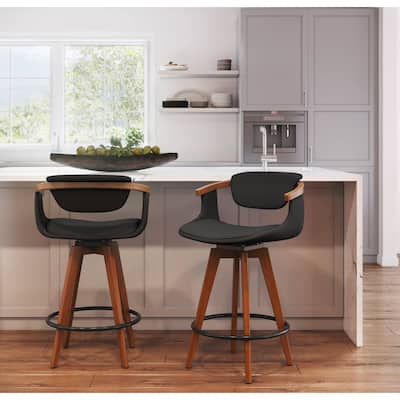 Oracle Mid-Century Modern Counter Stool in Faux Leather & Walnut Wood