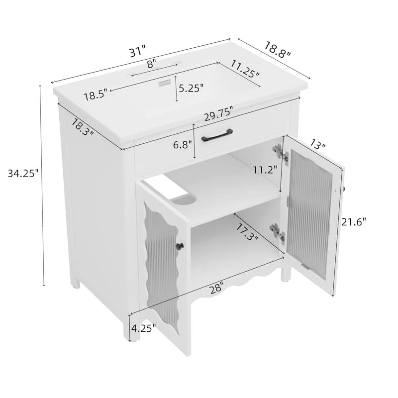 Bathroom Vanity with Tempered Glass - White