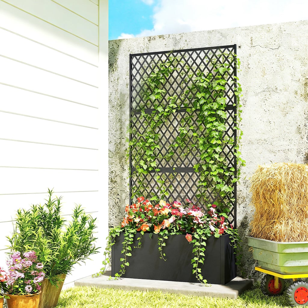 Outsunny Metal Planter Box with Trellis, Raised Garden Bed with Trellis Privacy Screen and Drainage Holes for Climbing Plants