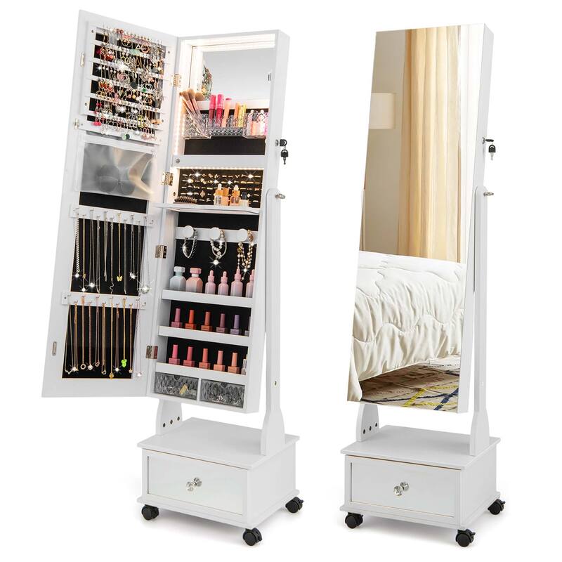 Costway Jewelry Cabinet Armoire Full-Length Mirror Lockable with - See Details - White