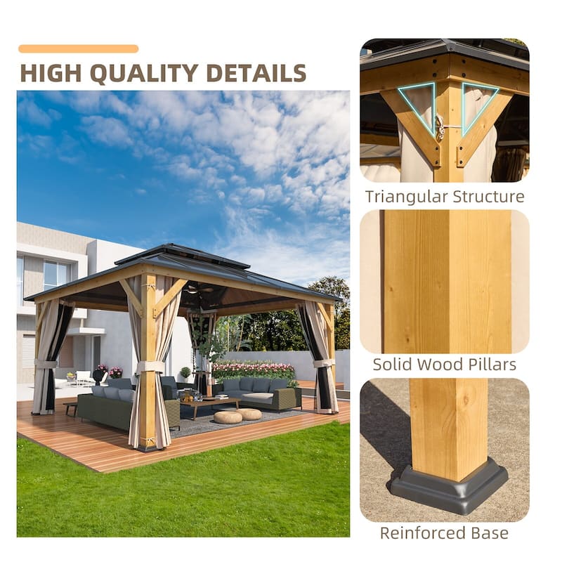 EROMMY Outdoor Wood Gazebo with Double Polycarbonate Roof, Heavy Duty Backyard Patio Pergola Canopy for Garden Shade