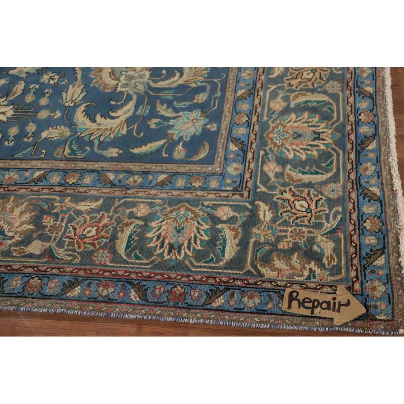 Distressed Blue Floral Tabriz Persian Area Rug Handmade Wool Carpet - 9'1"x 12'4"