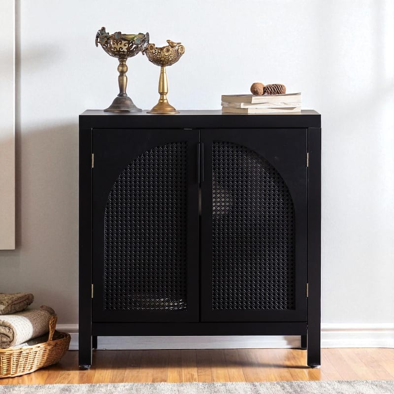 Modern Rattan Accent Cabinet with Arched Doors, 29" Buffet Storage Cabinet with Adjustable Shelf for Entryway or Kitchen - Black